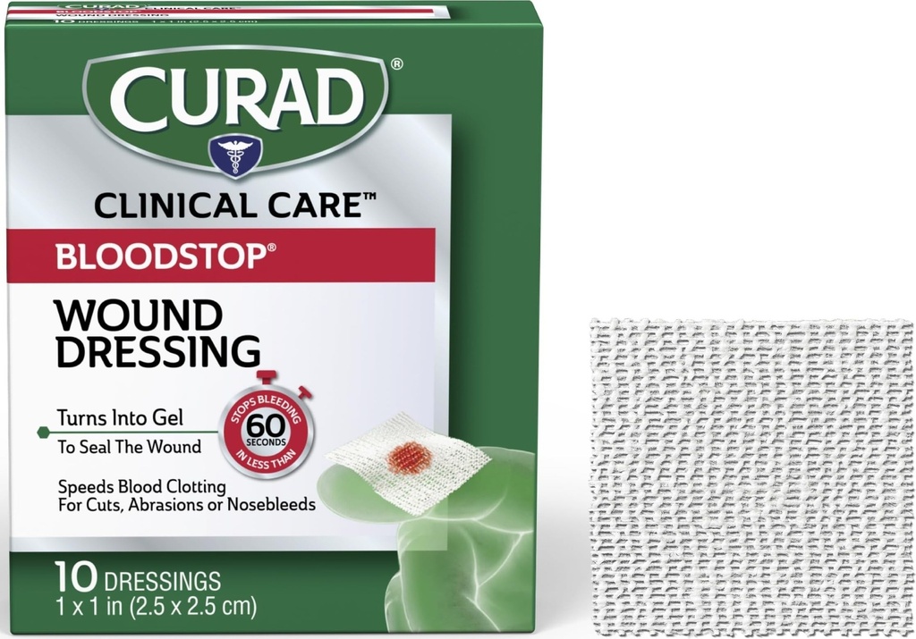 CURAD BloodStop® Wound Dressing | 1" x 1" | Hemostatic Gauze Helps Stop Bleeding Quickly | Cuts, Abrasions 또는 Nosebleeds | 10 개