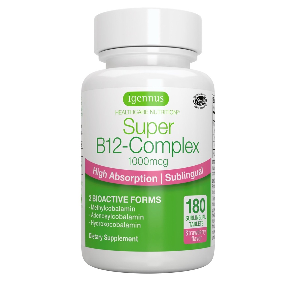 Igennus 하위 언어 비타민 B12 Complex 1000mcg, 메틸을 섞은 Methylcobalamin, Adenosylcobalamin & Hydroxocobalamin, 높은 흡수 & 청결한, 180의 서빙, 설탕 자유로운 & 채식주의자