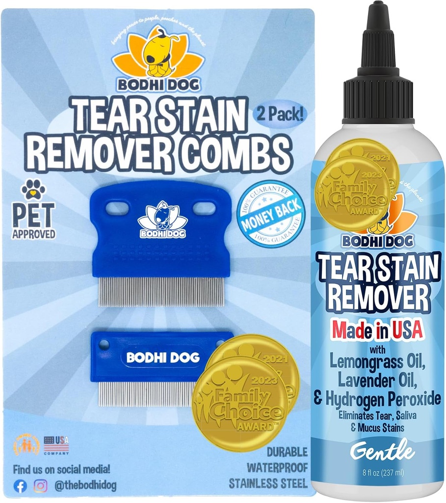 Bodhi 개 눈물 얼룩 제거제 & 눈물 얼룩 제거제 Combs - Gently Removes, 애완 동물 눈에서 먼지 - 안전하고 & 개와 고양이에 Gentle - 청소 Delicate Fur - Grooming & Tear 얼룩 방지를위한 이상