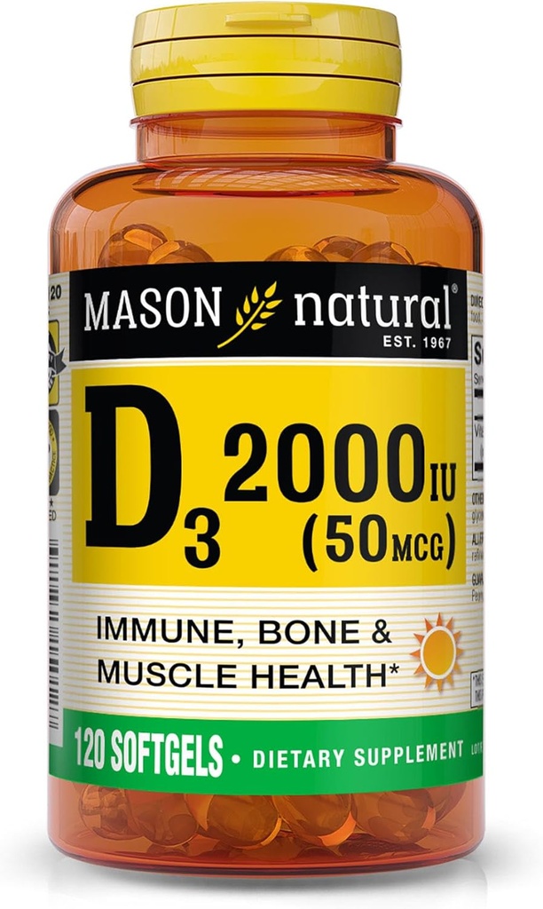 MASON NATURAL 비타민 D3 2,000 IU 매우 힘, 지원 뼈 조밀도, 힘 & 면역력, 120 Softgels