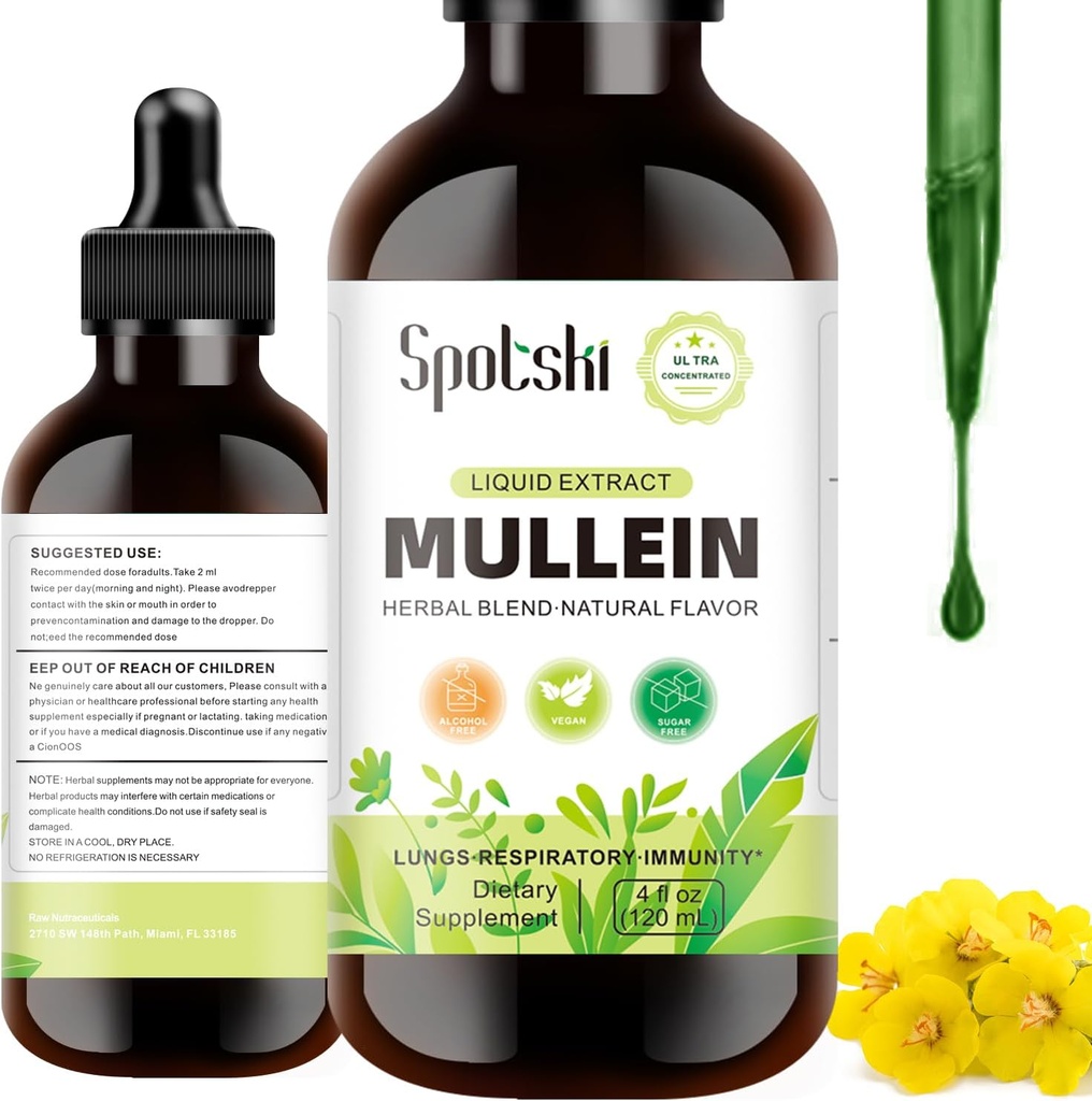 Mullein Drops for Lungs - 호흡 시스템, 자연 수면 보조 및 면역 지원, Tincture Drops Non-GMO, 채식 1 개월 공급