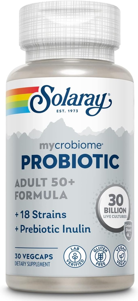 SOLARAY Mycrobiome Probiotic Adult 50 Plus Formula, 여성 및 남성을위한 Probiotics, 건강한 소화, Metabolism, 에너지, 콜론 및 Urinary Tract Support, 30 Billion CFU, 30 서빙, 30 VegCaps