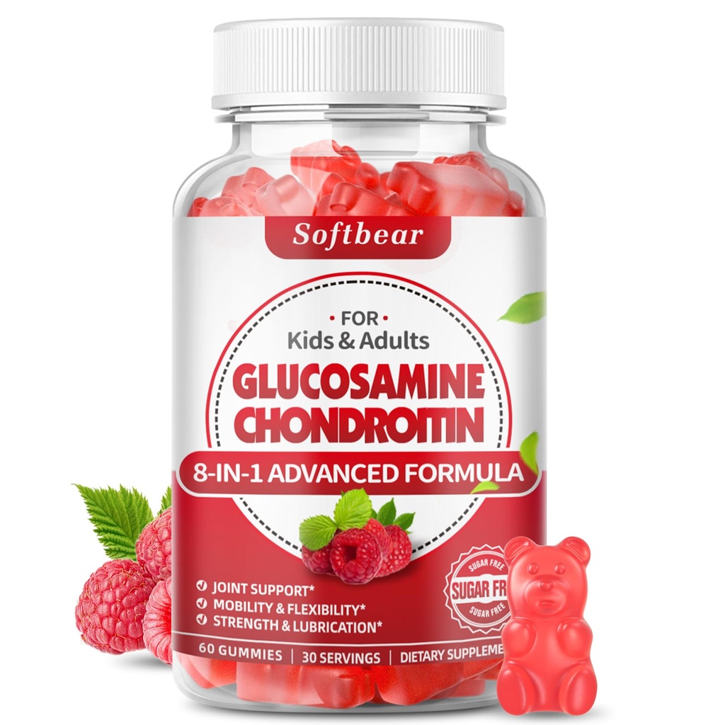 softbear 글루코사민 Chondroitin Gummies, 설탕 자유로운 글루코사민 Chondroitin MSM Elderberry Turmeric의 보충은 합동 건강 & 산화제, 딸기 맛을 내는 60 조사를 지원합니다