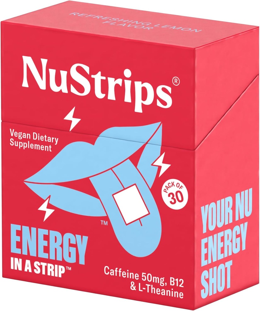 NuStripsTM 50mg Caffeine, L-Theanine & Vitamin B12와 빠른 용해 에너지 스트립 - Jitters 또는 Crash없이 즉시 에너지 및 초점 - 커피보다 빠른 작동 - 레몬을 새로 고침 - 30 스트립