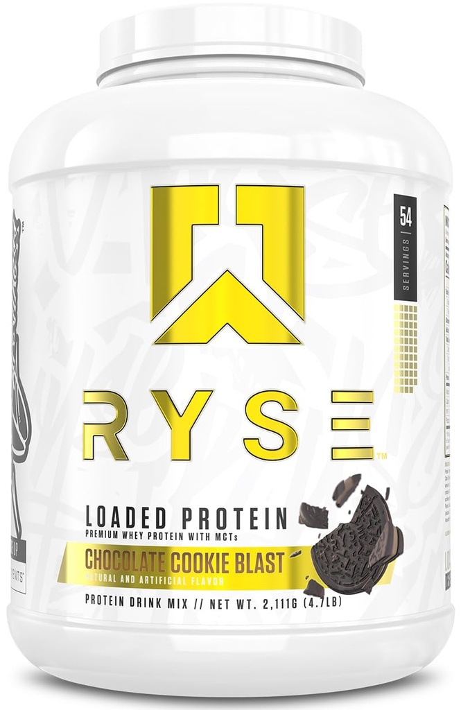 RYSE로드 단백질 분말 - 초콜릿 쿠키 폭발 - 25g Whey Protein Isolate & Prebiotic Fiber & MCTs와 농축 - 낮은 Carb, 낮은 Sugar, Digestive-Friendly - 54 서빙 / 4 lb Tub