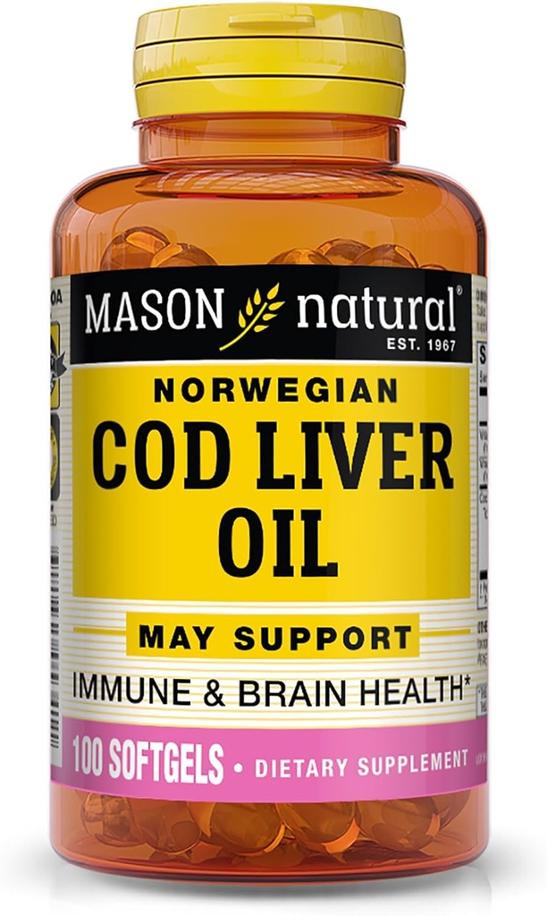 MASON NATURAL Cod Liver Oil Plus Vitamin A & D3 - 건강한 심장과 뇌 기능, 향상된 면역력, 전반적인 건강, 100 Softgels 지원