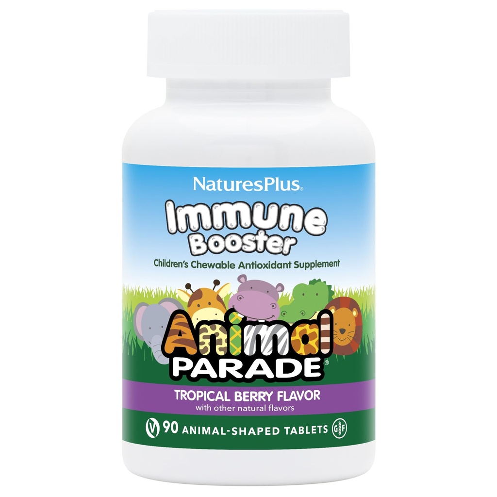 Natures Plus Animal Parade Immune Booster - 열대 베리 맛 - 90 동물 모양의 Chewable Tablets - Immune System Support - 글루텐 무료, Vegan - 45 서빙 제공