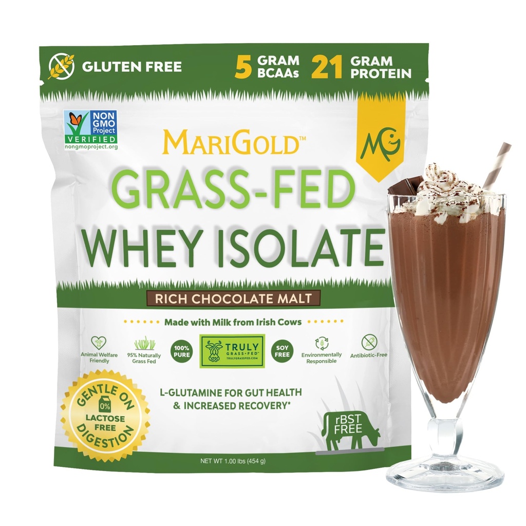 MariGold Grass-fed Whey Protein Isolate Powder - 리치 초콜릿 말트 맛 - 1 Lb | 100 % 순수, 냉간 가공, 마이크로 필터링, Undenatured, Non-GMO, rBGH 무료, Soy Free, Gluten Free, Lactose Free