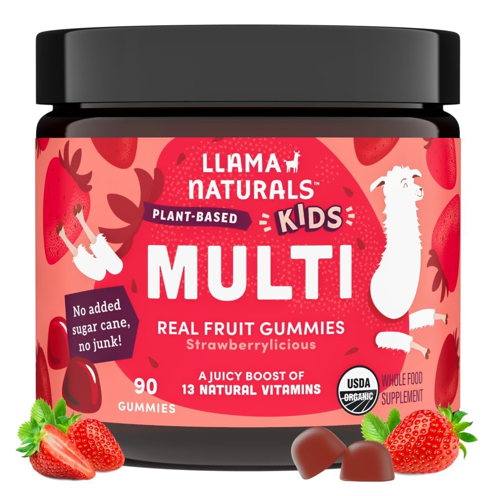 Llama Naturals Kids Multivitamin Gummies, Vegan, 비타민 D, C & K, 유아 Real Fruit Gummy Vitamins, Chewable Supplement, 전체 음식 Multivitamin, 추가 설탕 지팡이, 딸기, 90 Ct