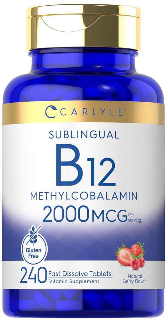 Carlyle B12 비타민 2000 mcg | 240 빠른 용해 정제 | Sublingual Methylcobalamin | Berry flavor | 채식주의, 비 GMO 및 글루텐 무료 보충