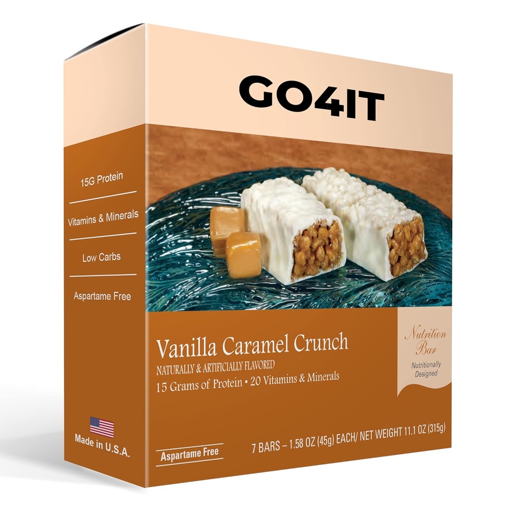 GO4IT 건강 식사 보충 막대기, 높은 단백질 영양 막대기, 높은 섬유, 낮은 칼로리, 친절한 KETO, 양도 음식 막대기, 7/Box - (Vanilla Caramel Crunch)