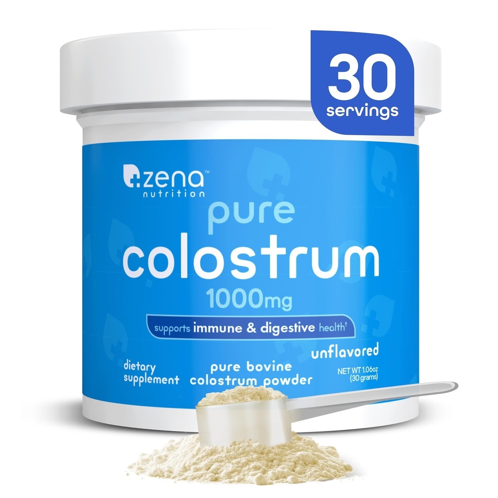 Zena 영양 Bovine Colostrum 분말 보충교재, 1000mg 순수한 Colostrum는, 면역성 및 소화 건강을 지원하고십시오, Gut 건강을 승진시킵니다, Keto, 글루텐 자유로운, 뚱뚱한 자유로운, 잔디 먹지 않는, 30의 서빙