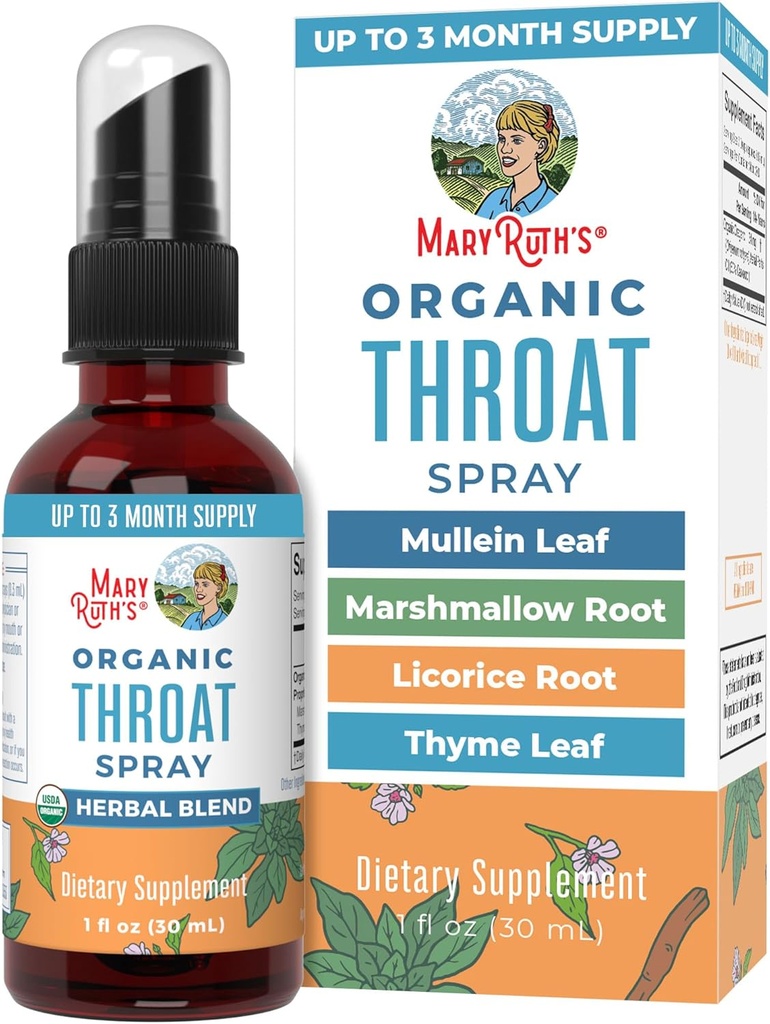 MaryRuth Organic USDA Organic Throat Spray with Mullein Leaf | Marshmallow Root & Licorice Root & Thyme Leaf | 4 Herbal Blend | Non-GMO | Vegan | 글루텐 프리 | 1 Fl Oz | 최대 100 인