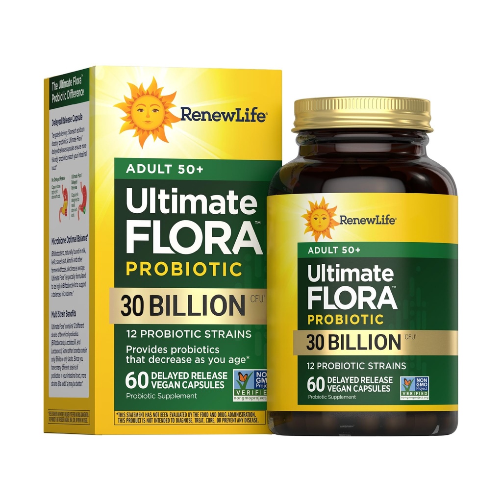 Renew Life Probiotic 성인 50 Plus Probiotic 캡슐, 매일 보충 지원 Urinary, 소화 및 면역 건강, L. Rhamnosus GG, Dairy, Soy 및 gluten-free, 30 억 CFU, 60 조사