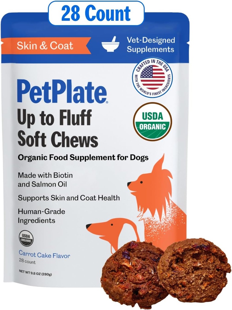 PetPlate Dogs, Skin & Coat Support, USDA Organic Supplement, Grain-Free, Human-Grade, Salmon Oil 및 Biotin, Pet Supplies (Pack of 1, 9.8 Ounce)를 위한 Fluff Soft Chews까지