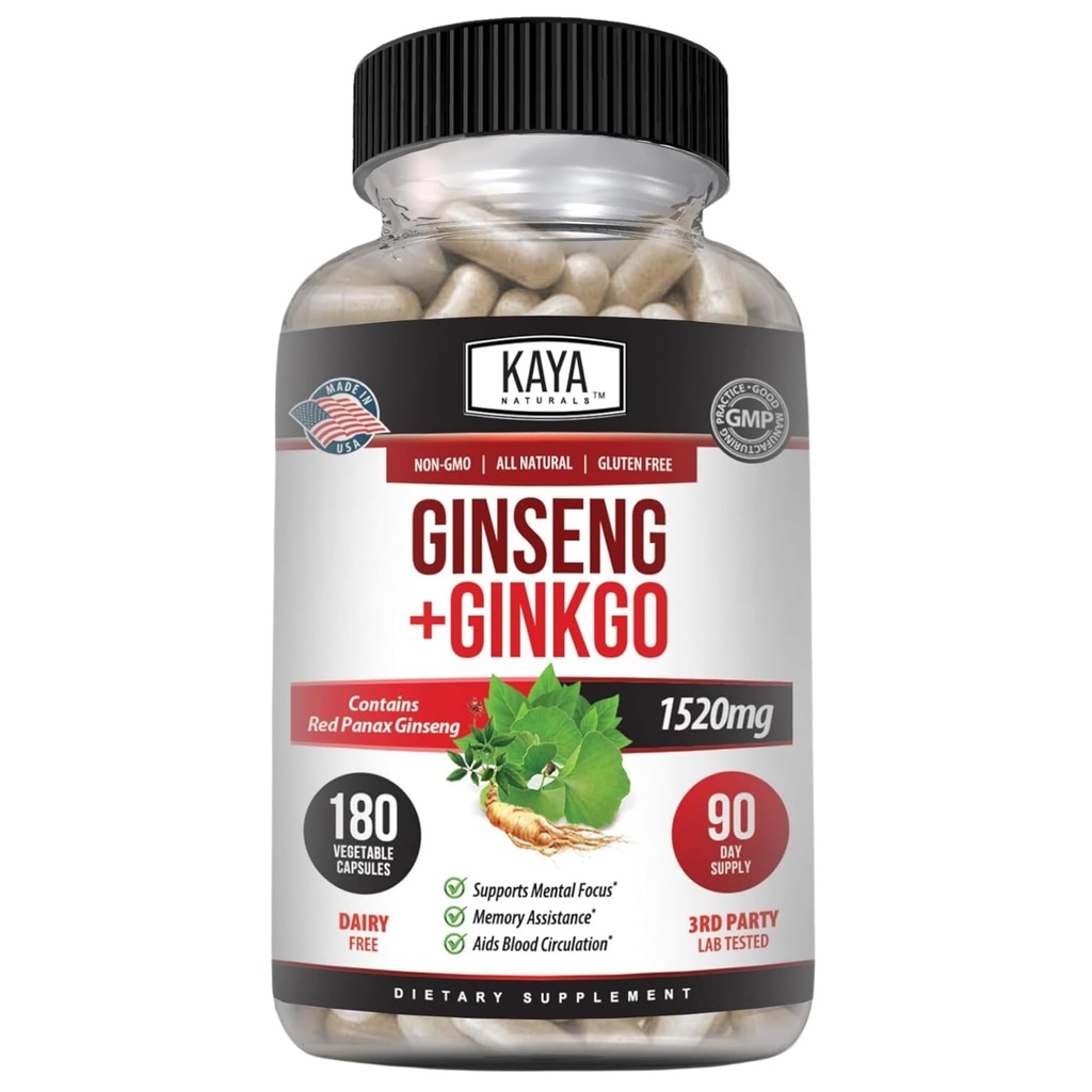 Kaya Naturals Red Panax Ginseng + Ginkgo Biloba - Nootropic Brain Supplement -인지 및 농도 지원 - 뇌 부스터, 초점 및 메모리 보충 - 180 캡슐