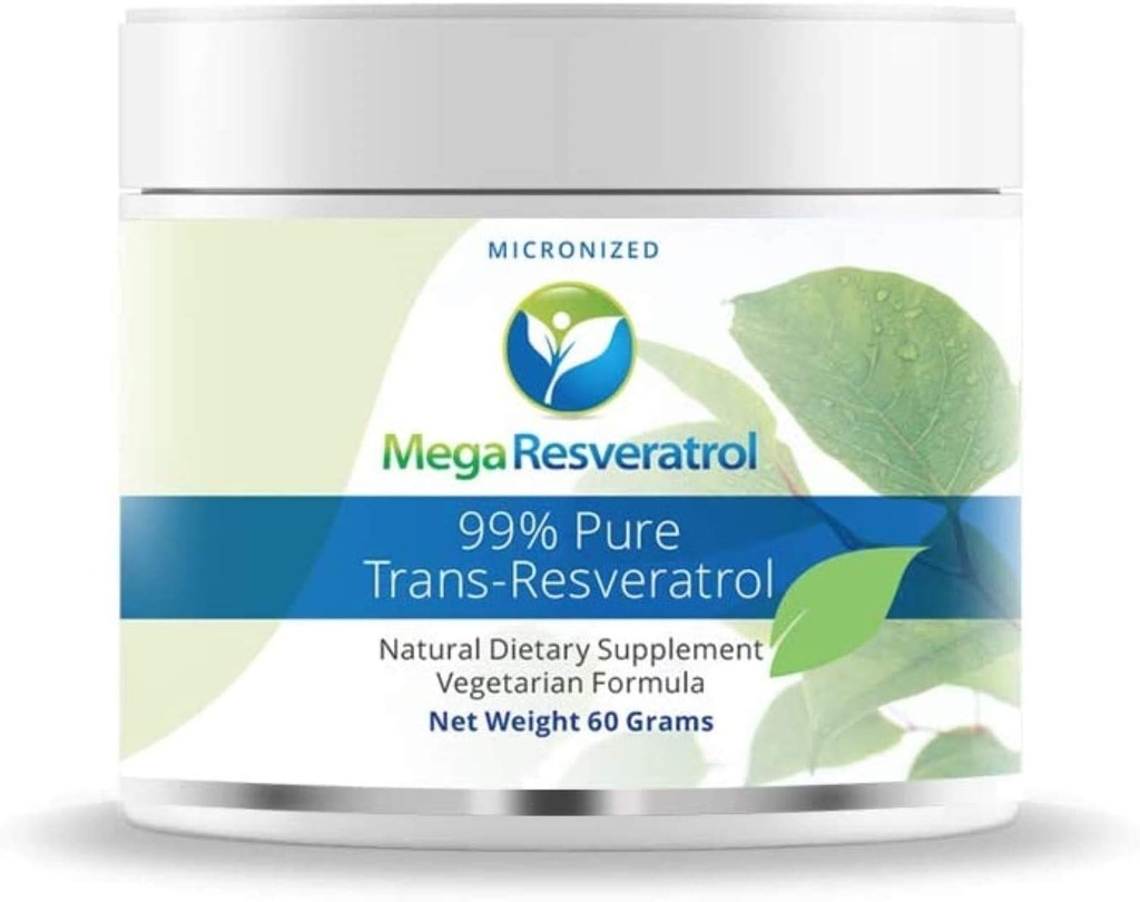 메가 Resveratrol 분말, 약제 급료, 99% 순수한 Micronized Trans-Resveratrol, 증명되는 60 그램 분말. 무료.