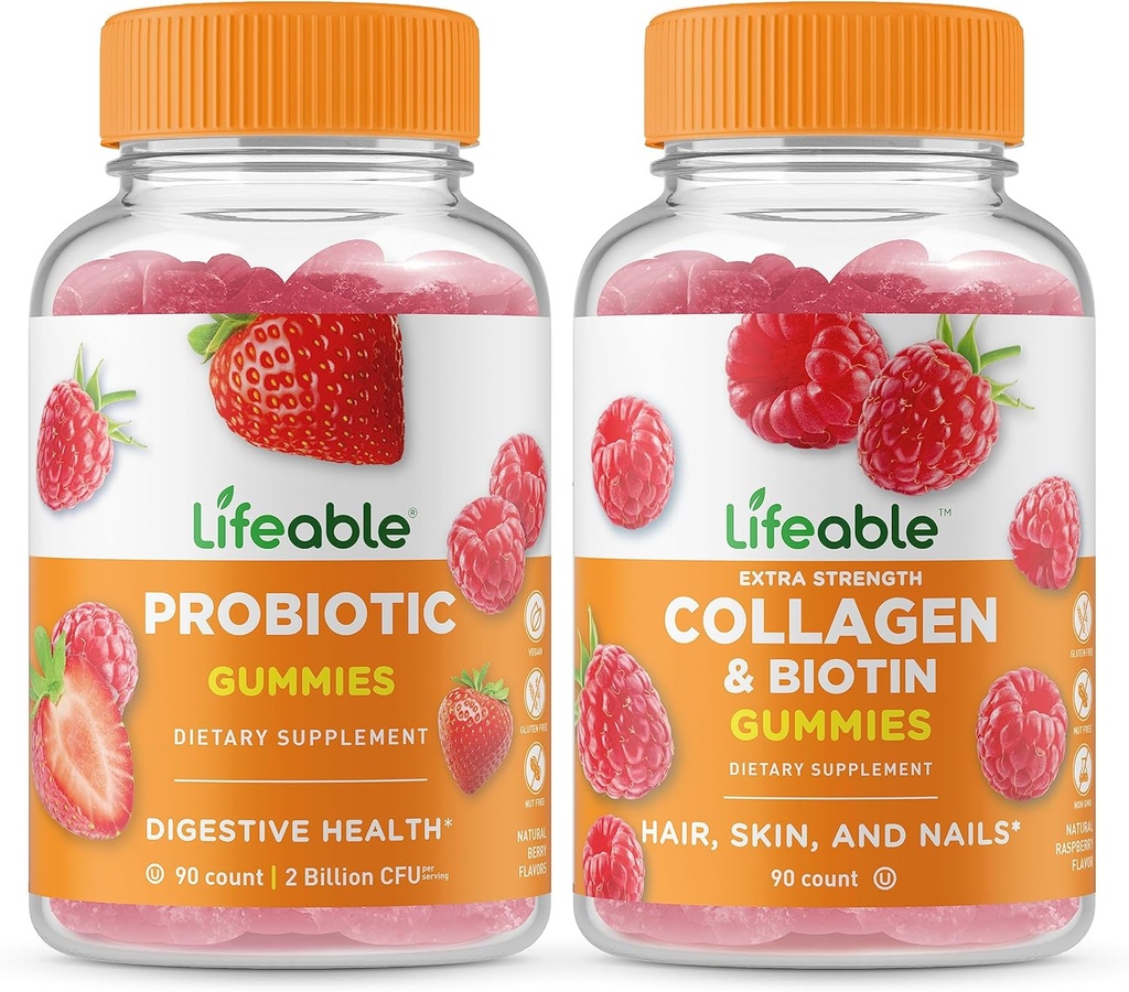 Lifeable Probiotic 2 억 CFU + Collagen & Biotin, Gummies 번들 - 훌륭한 타스팅, 비타민 보충, 글루텐 무료, GMO 무료, Chewable Gummy