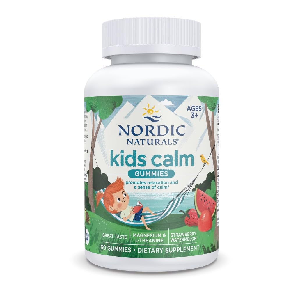 Nordic Naturals Kids Calm Gummies - Strawberry Watermelon - 60 Gummies - Magnesium L-Theanine Supplement - 어린이를위한 칼로리 - Relaxation Support - 최대 60 인