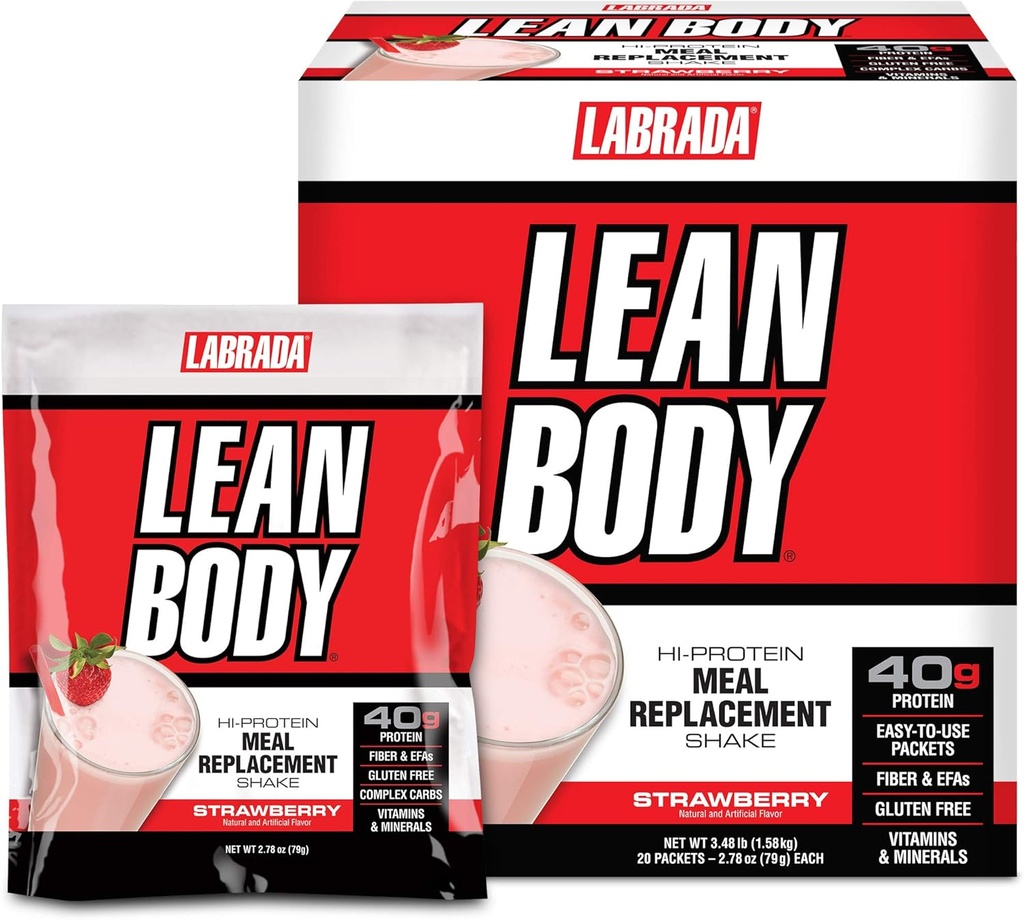 Labrada Lean 몸 MRP 올인원 딸기 식사 보충 Shake, 40g 단백질, Whey 혼합, 8g 건강한 지방 EFA의 & 섬유, 22 비타민 및 무기물, 인공 색소, 글루텐 없음, (20 패킷)