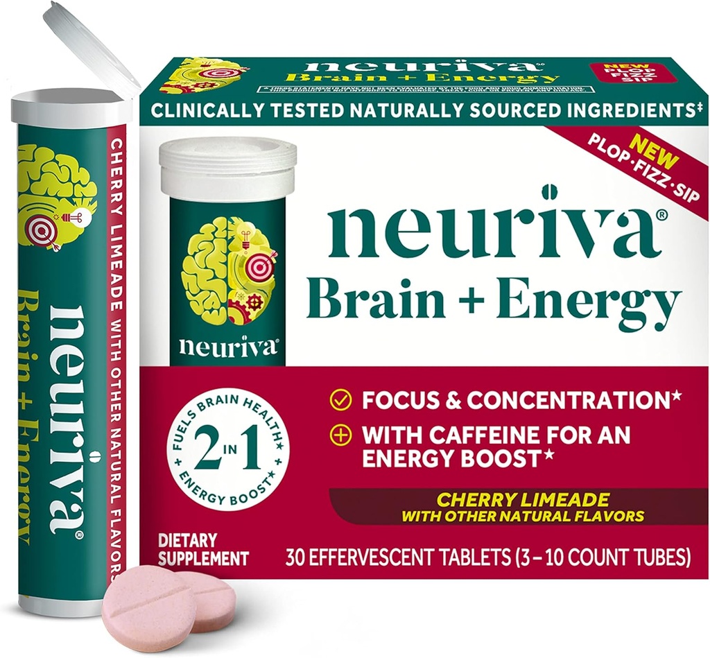 NEURIVA 두뇌 + 에너지 보충 초점 & 농도를 위한 임상 시험된 Neurofactor, 비타민 B12, & Immediate 에너지 부스트를 위한 카페인의 150mg, 30ct 버찌 Limeade Effervescent 정제