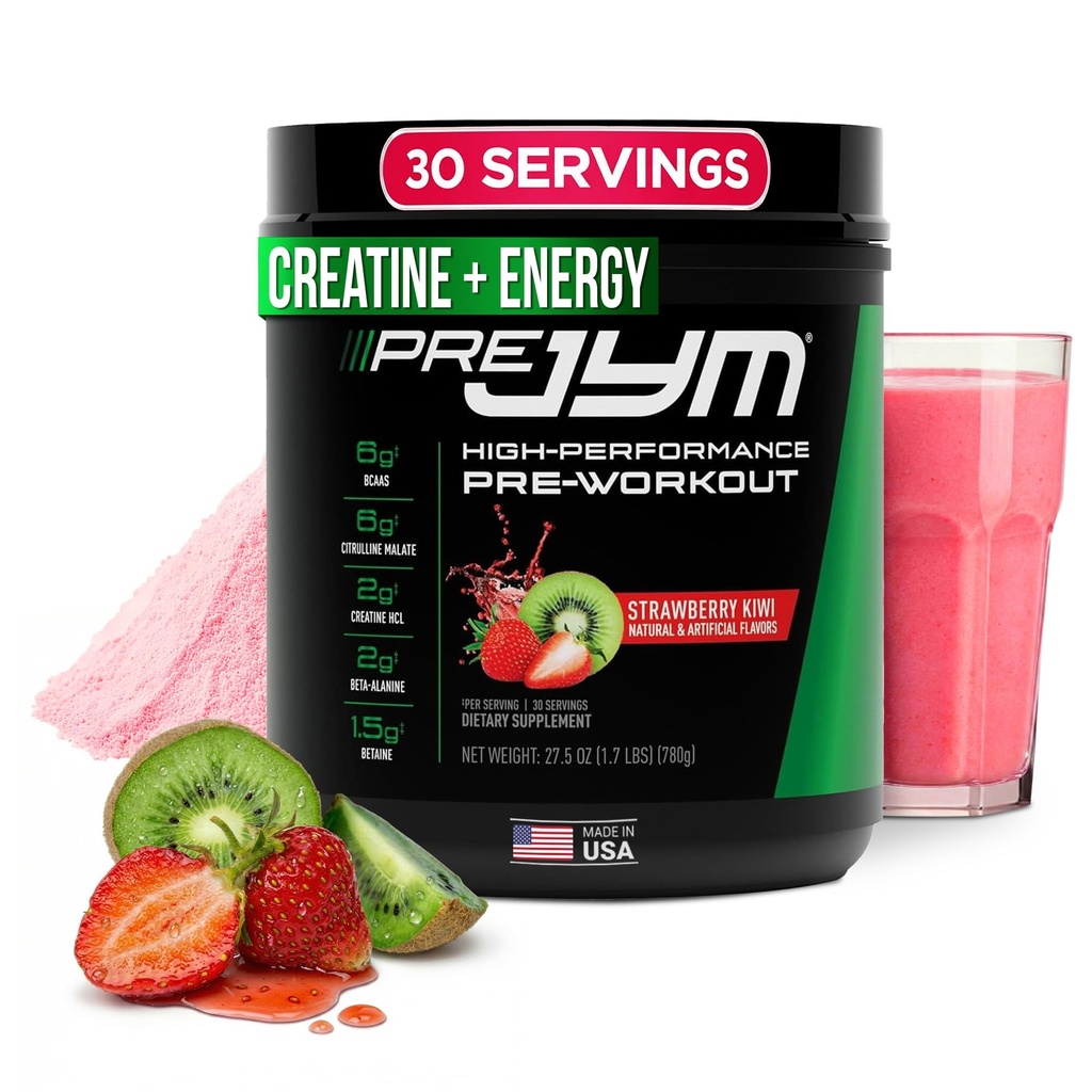 JYM 보충교재 과학 전 JYM Strawberry Kiwi 전 운동 분말 - BCAAs, Nootropics, Creatine HCI, Citrulline, beta 알라닌, betaine, Taurine, Huperzine 30 서빙