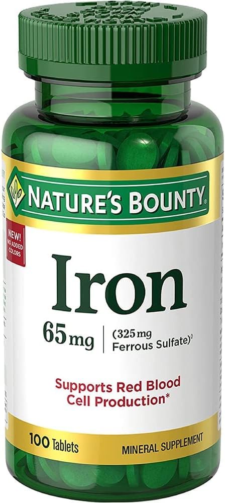 자연의 Bounty I.Ron 65mg, 325 mg 철 황산염 - 세포 에너지 지원 - 65mg - 100 정제.