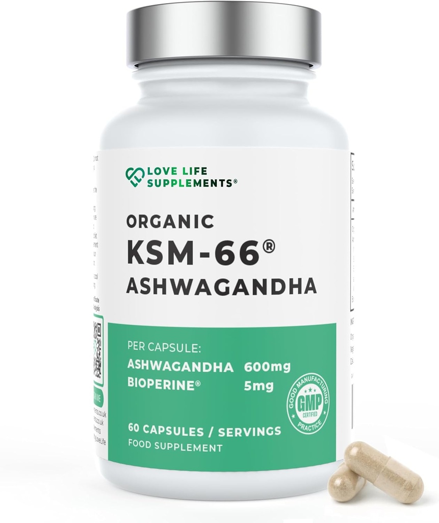 사랑 생활은 유기 Ashwagandha KSM-66®, 2 달 공급 - 캡슐 당 60의 캡슐, 고강도 600mg, 증가시킨 흡수를 위한 5% Withanolides, Bioperine®, Zero 충전물, 실험실 시험된 보충합니다