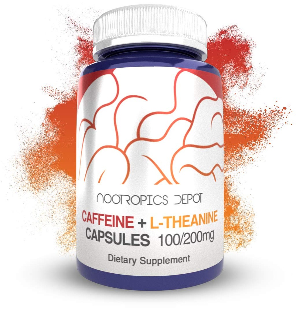 Nootropics Depot Caffeine 및 L-Theanine 캡슐 | 60 알약 | 카페인 100mg 및 L-Theanine 200mg | 천연 보충 | 에너지 부스터 | 정신 초점 + 경고 | 커피 대안