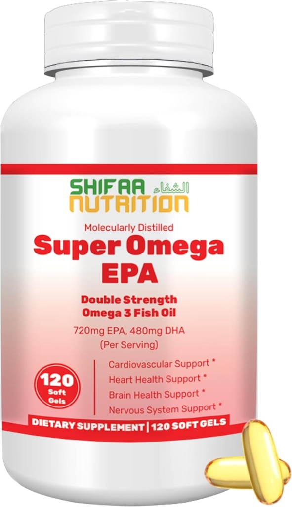 SHIFAA NUTRITION Halal 물고기 기름 Softgels 120 Ct의 두 배 힘 - Halal Omega 3 물고기 기름 보충교재. 야생 겁에 질린, Non-GMO & 순화