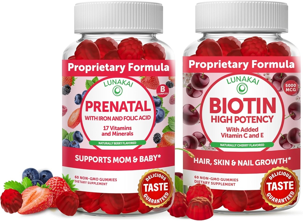 Lunakai Biotin 및 Prenatal 번들 - 헤어 스킨과 네일 성장 보충 비타민 C와 E - 임신 멀티 비타민 Gummy 철 및 Folic 산 - 30 일 공급