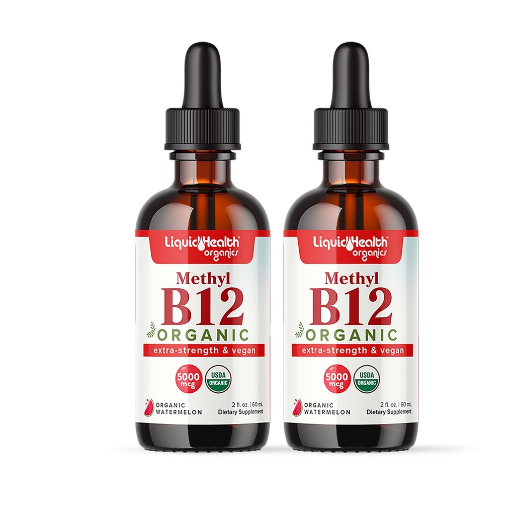 LIQUIDHEALTH USDA 유기 메틸 비타민 B12 Tart 버찌 주스를 가진 Methylcobalamin 액체 하락 - 부스트 에너지, 면역 지원, 개량 기억 & 농도 - 미국 만들어, 비 GMO (2 팩)