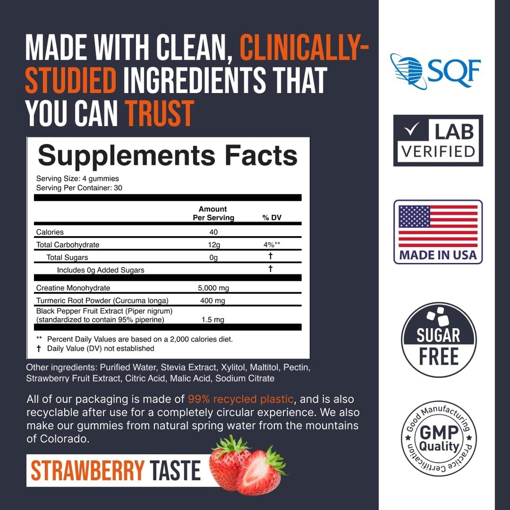 EcoWise Wellness Creatine Monohydrate Gummies 5000 mg, 남성 및 여성을위한 Chewable, 설탕 무료 Gummies - 121 카운트, 신선한 Strawberry