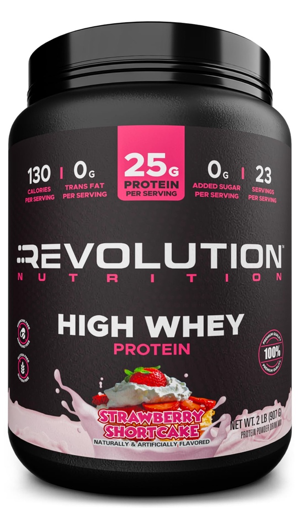 혁명 영양, 높은 Whey, 단백질 분말 2LB, Whey Isolate, 글루텐 무료, 남성 및 여성을위한 Lean 근육 질량, 스쿠 당 단백질 25g, 908 g, 24 서빙 (딸기 Shortcake, 2 파운드)