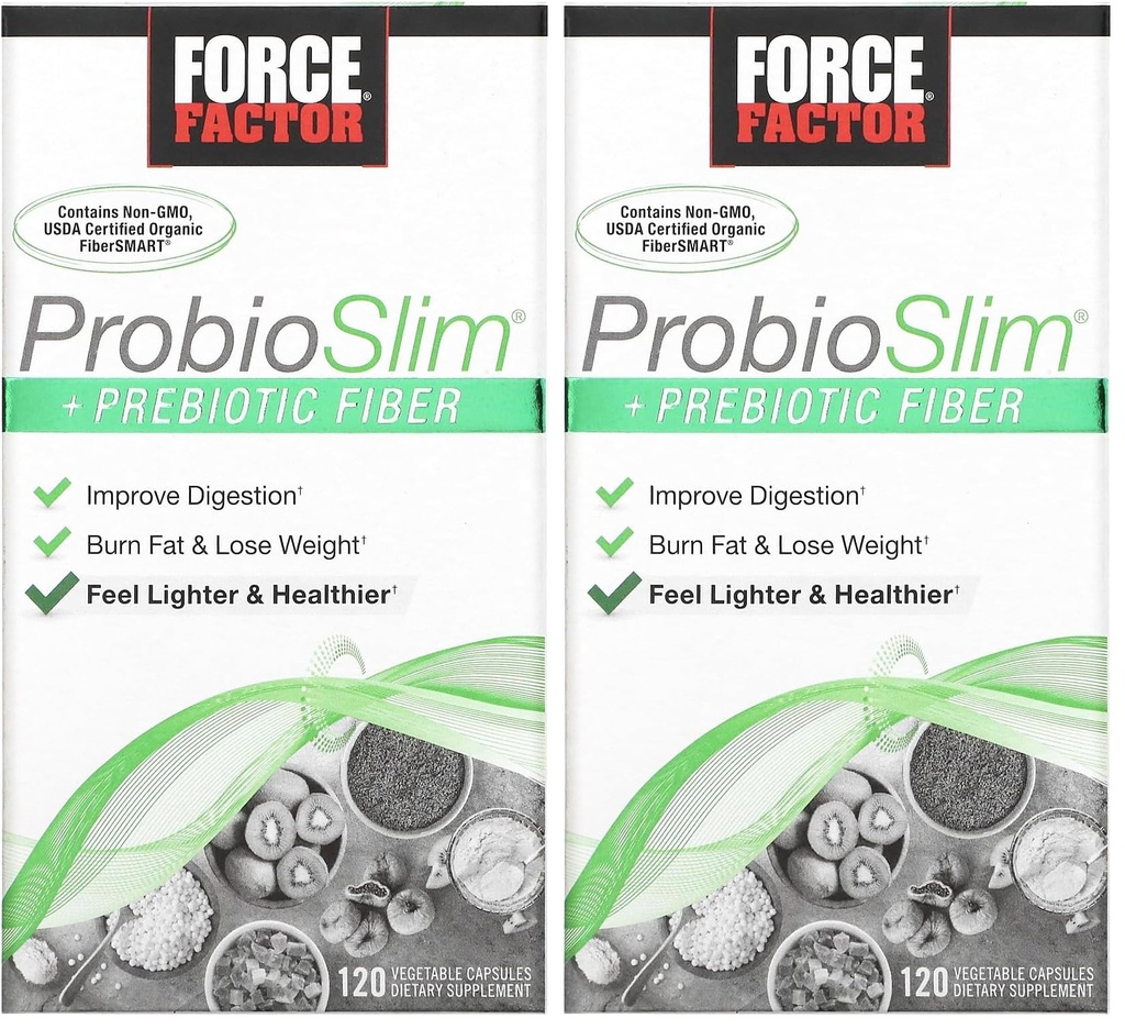 Force Factor ProbioSlim + Prebiotic 섬유 체중 감량 여성과 남성, Probiotic 및 Prebiotic Digestive 건강 지원 Green Tea Extract 및 Psyllium Husk Fiber, 120 캡슐