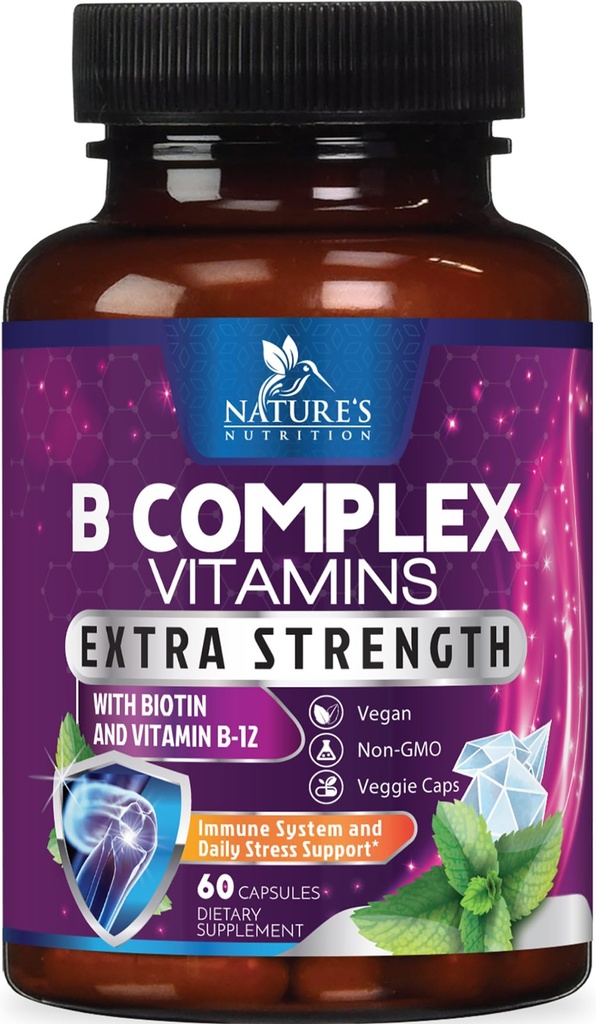 B Complex Vitamins 캡슐 - 비타민 B12 B6 B100 C Biotin Folate & Folic Acid - 심장, 뇌 및 신경 지원을위한 보충 - 면역 및 에너지 지원을위한 슈퍼 완전한 B-Complex - 60 캡슐