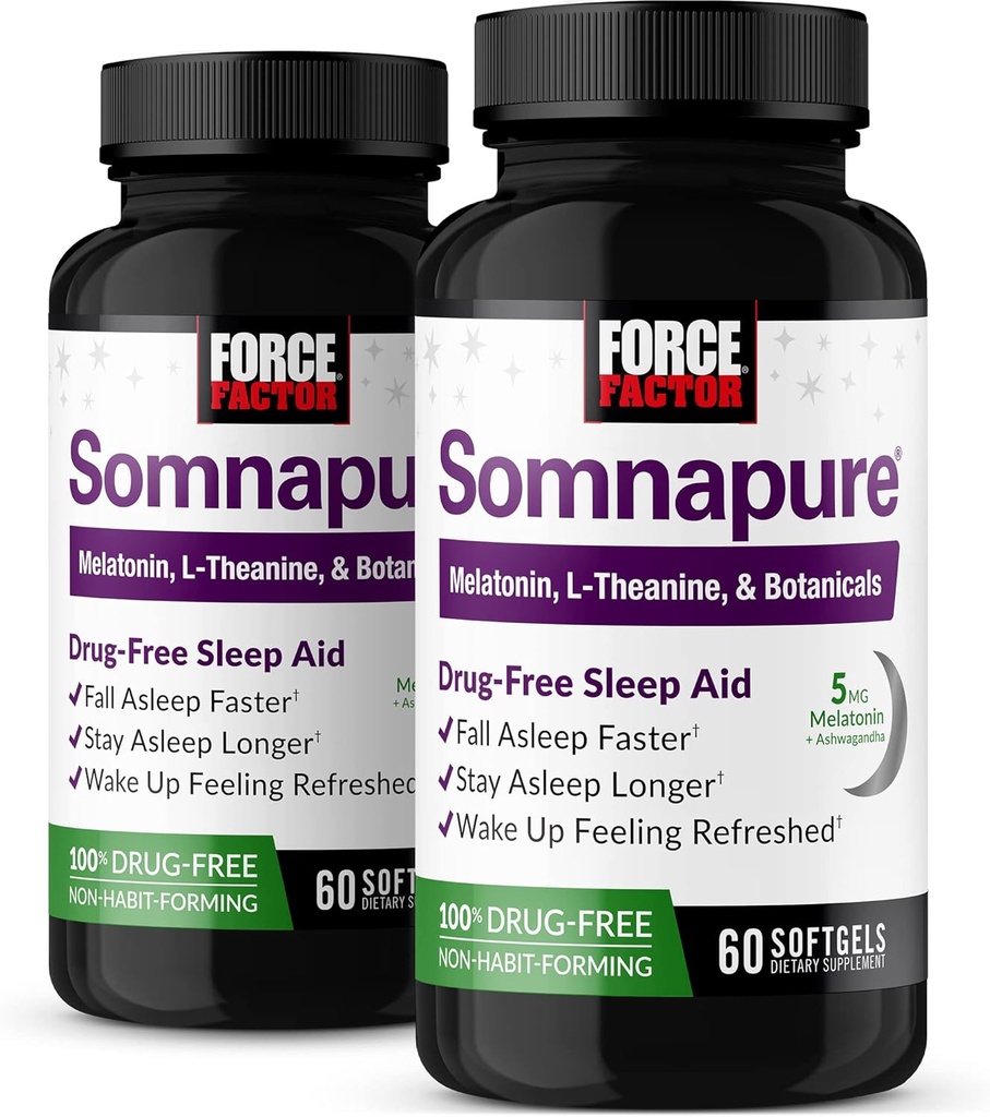 FORCE FACTOR Somnapure Softgels 2-Pack Sleep Aid to Fall Asleep Faster, Stay Asleep Longer, Wake Up Refreshed, Melatonin, Ashwagandha, Valerian Root, 120 Softgels 성인을위한 수면 보조