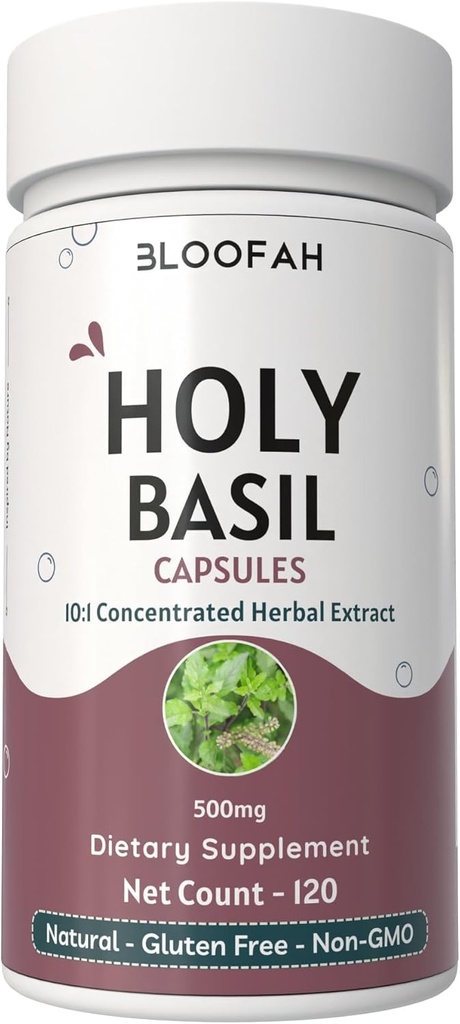 Holy Basil Leaf Capsules 500mg | 농축 10:1 추출물 Ocimum tenuiflorum Herbal Supplement | Non-GMO, 글루텐 프리 | 삼키기 (120 개)