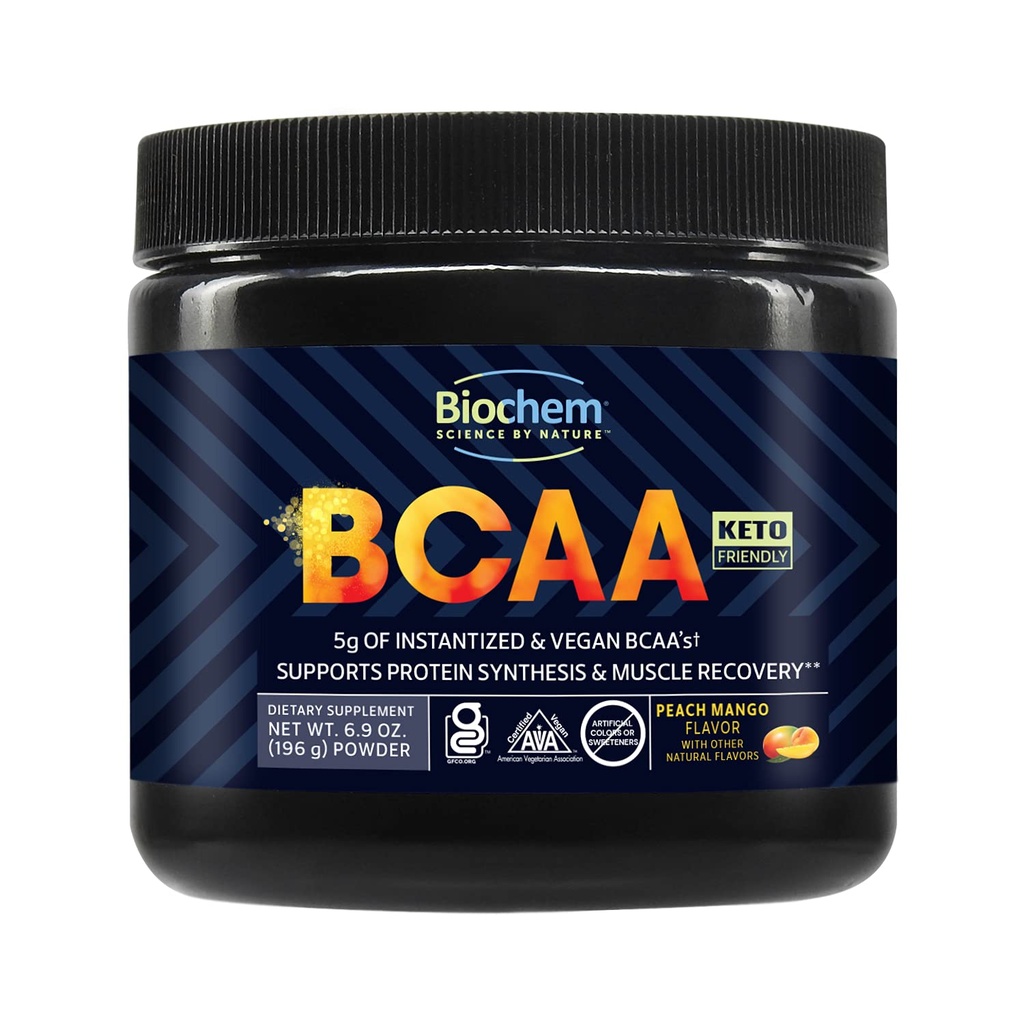 Biochem BCAA 분말 복숭아 망고 5g - 30 서빙 | Vegan, 글루텐 무료, 케토, 즉시 2 : 1 BCAA 근육 회복, 단백질 Synthesis & Hydration를 위한 보충교재 | Electrolyte 아미노산 분말