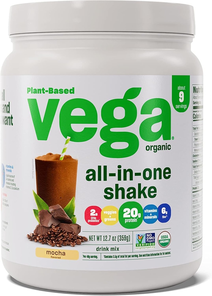 Vega 유기 All-in-One Vegan Protein Powder Mocha (9 서빙) Superfood Ingredients, 면역 지원을위한 비타민, 여성 및 남성용 완두 단백질, 12.7oz (포장 월병)