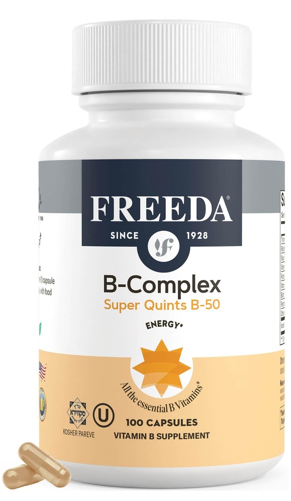 FREEDA 비타민 B-50 복합체 - B1 B2 B3 (니아신아미드) B5 B6, Biotin, Folate & B12 + Choline & Inositol - 채식 캡슐, 100 개 - 미국에서 만든