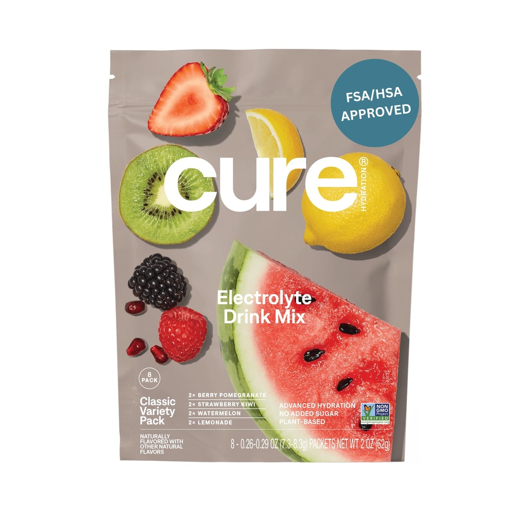Cure Hydration | 식물 기반 전해질 음료 믹스 | 추가 설탕 | FSA-HSA | 코코넛 워터로 만든 탈수 릴리프 파우더 | 비 GMO | Vegan | 8 Packets - 다양한 팩