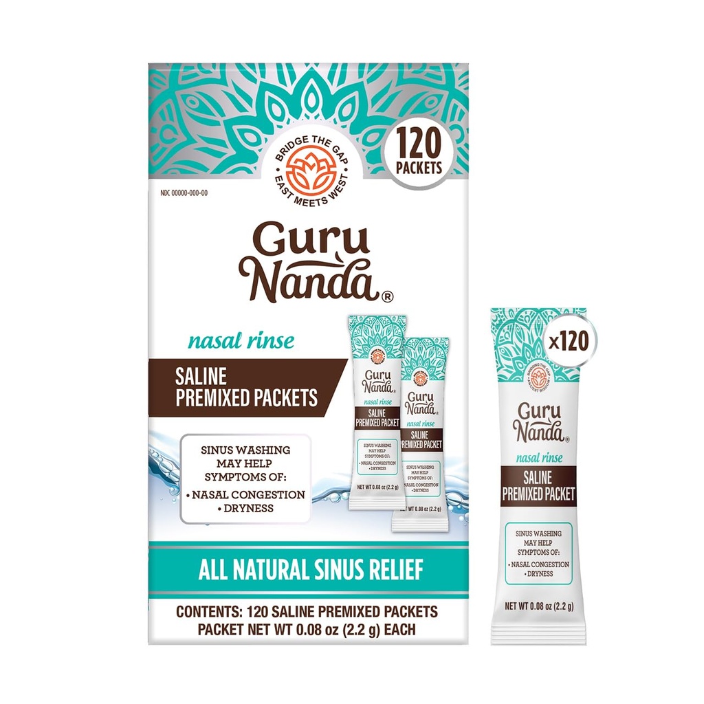 GuruNanda는 Nasal Rinse (120 조사)를 위한 Saline Packets, 알레르기 & 혼잡 기복, 0.08oz를 가진 것을 돕기 위하여 모든 자연적인 Sinus Rinse Packets를 전매합니다