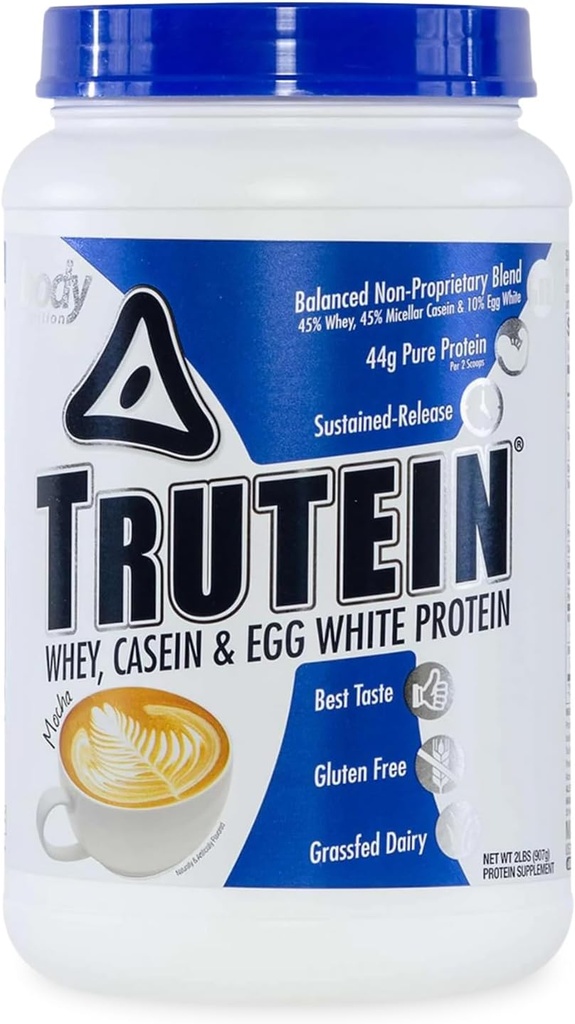 몸 영양 Trutein 높은 단백질 분말: 45% Whey, 45% Casein, 10% 계란 백색, 글루텐 자유로운, 낮은 나트륨, 잔디 페더럴 익스프레스 Whey 단백질 분말, 체육관 보충교재 & 아침 Shake, Mocha, 2lb