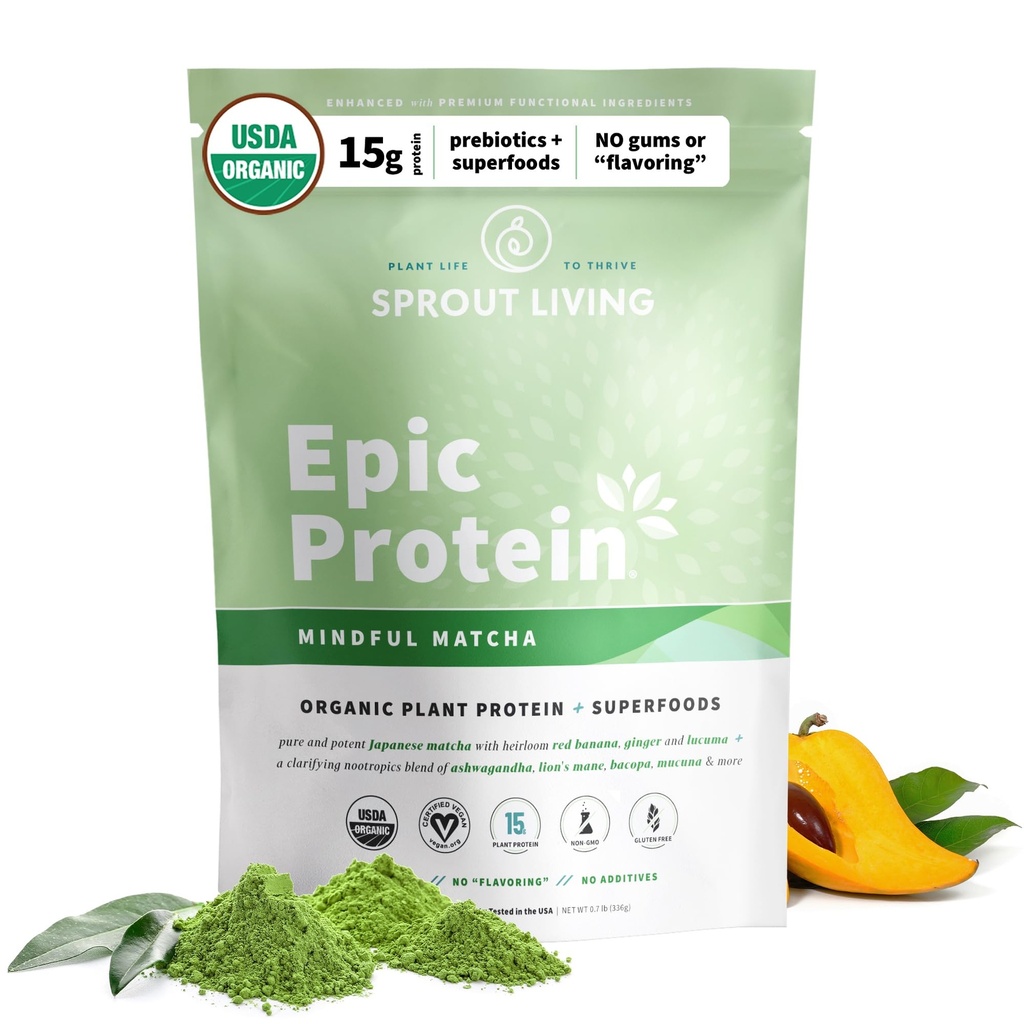 Sprout Living Epic Protein, Plant Based Protein & Superfoods Powder, Mindful Matcha | 17 Grams Organic Protein Powder, Vegan, Non-GMO, Gluten Free, Adaptogens + Nootropics (1 파운드, 12 서빙)