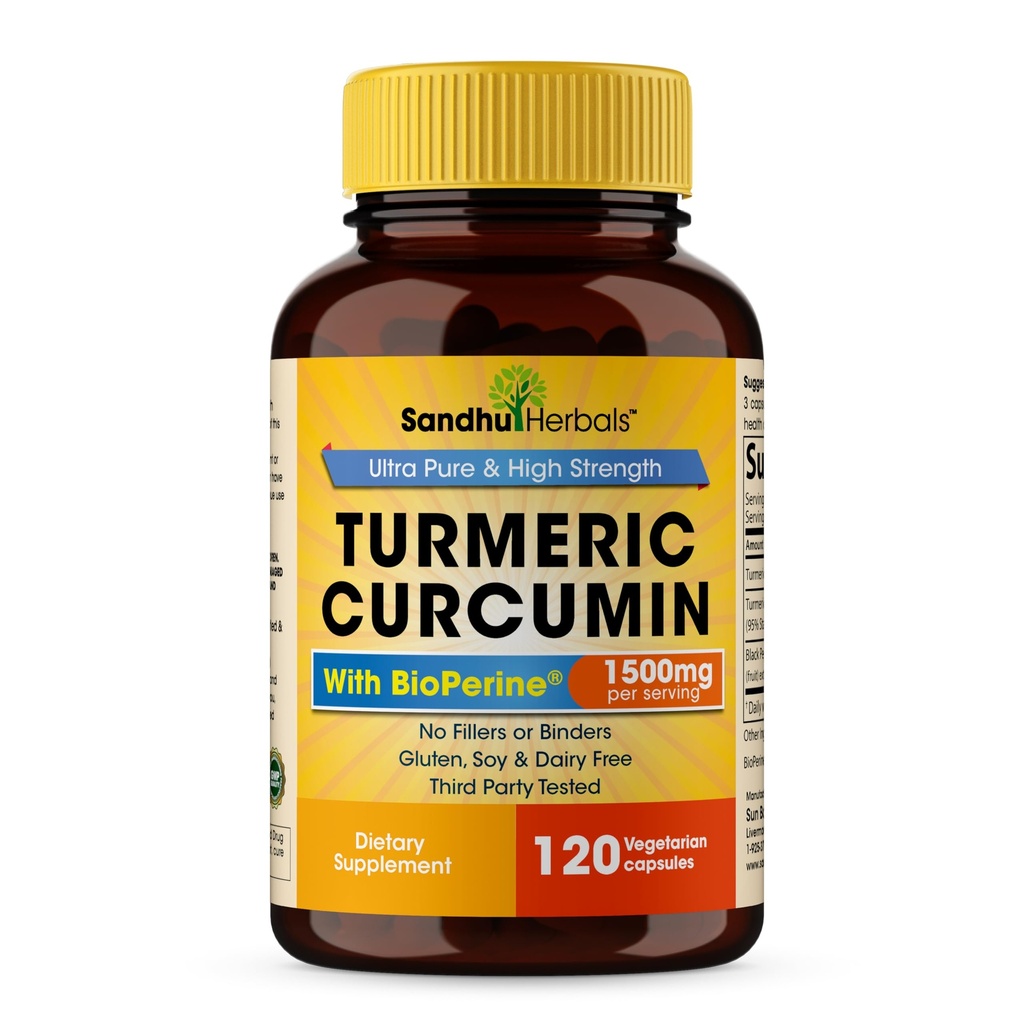 Sandhu Herbals Organic Turmeric Curcumin 120 캡슐 Bioperine Black Pepper Extract Supplement | 95 % Curcuminoids가있는 1500mg | 면역 지원