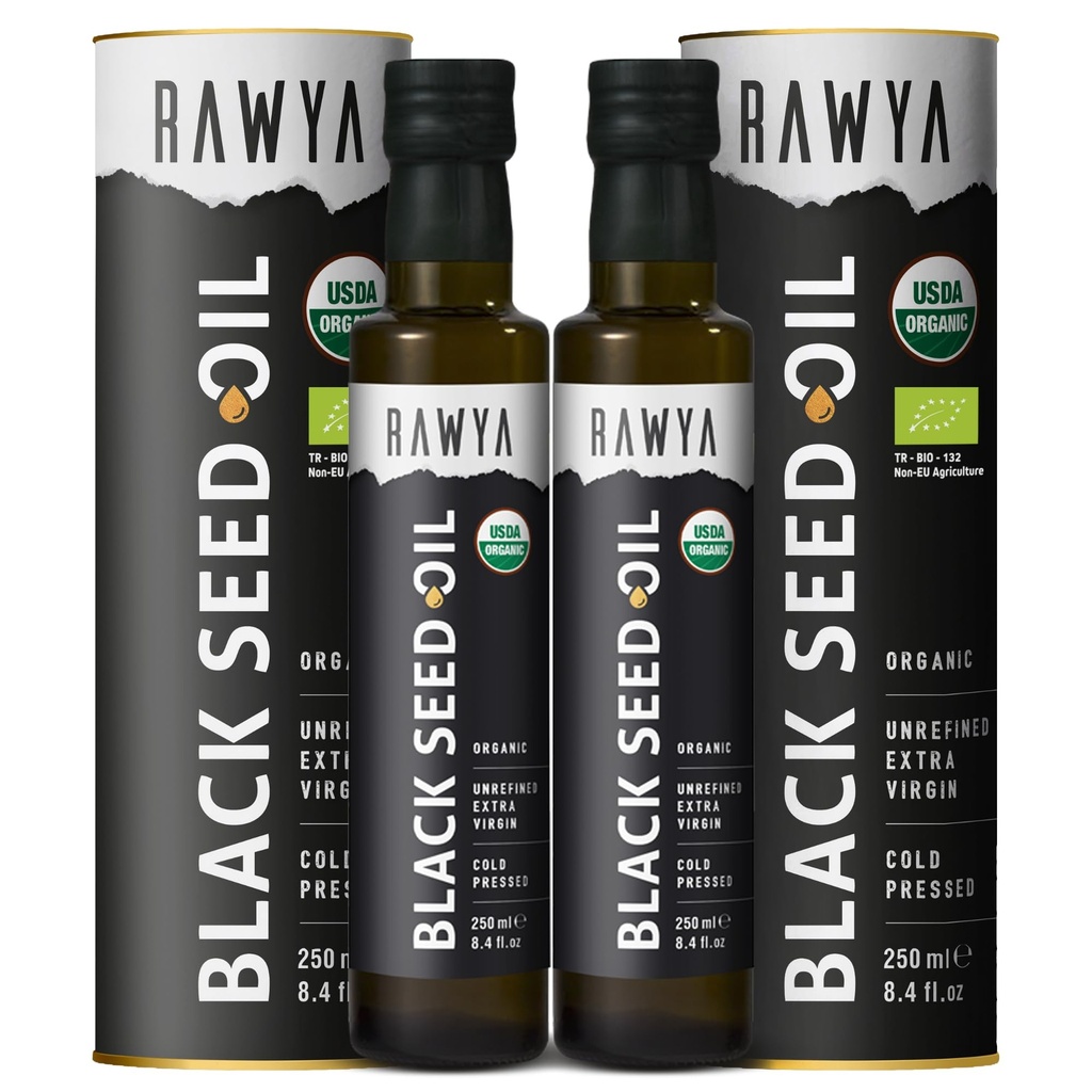 RAWYA 블랙 씨 오일 - 유기 콜드 프레스 닐라 Sativa - 터키 원산지 - USDA 유기 - 자연 보충 - 블랙 Cumin 씨 오일 - 풍부한 맛 및 높은 농도 - 250ml 유리 병 - 2 팩
