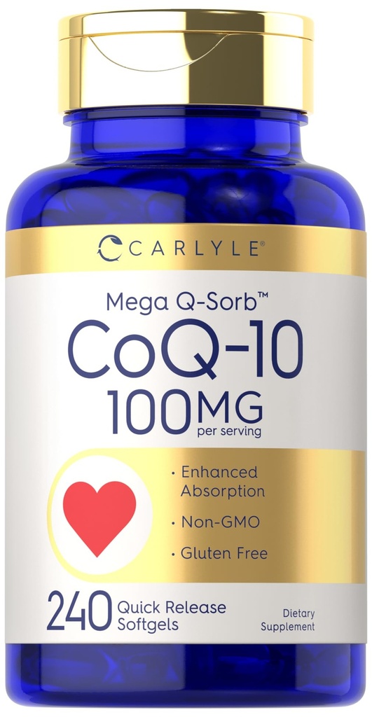 Carlyle CoQ10 100mg | 240 Softgels | 메가 Q-Sorb Coenzyme Q-10 | 흑퍼 추출물 | 비 GMO, 글루텐 무료 보충