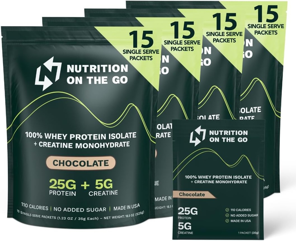 크레아틴을 가진 Go Whey Protein Isolate Packets에 영양 - 25g Protein + 5g Creatine - 단일 공급 여행 단백질 분말 - 초콜릿 (60-Pack)