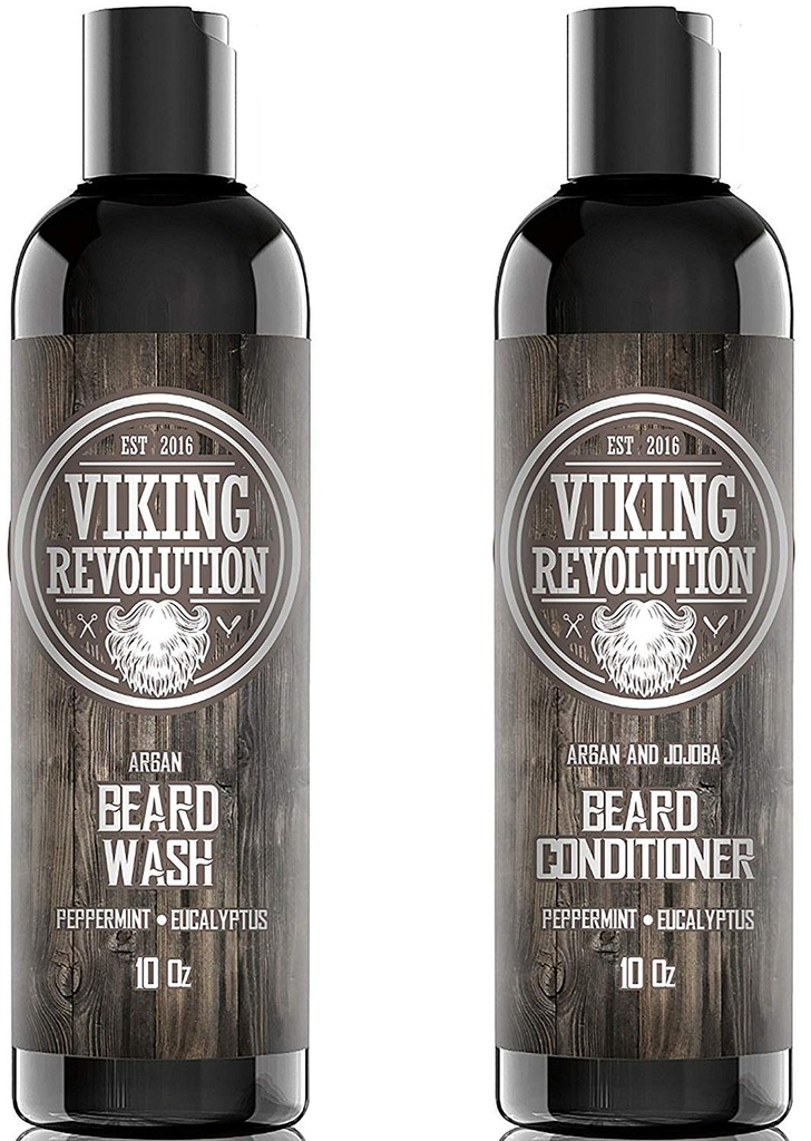Viking Revolution Beard 샴푸 및 컨디셔너 세트 - 건강한 Beard 성장을 위한 Argan & Jojoba 오일을 가진 최고 수준의 Beard Care Kit, Itching 또는 Irritation, Rich Lather, Eucalyptus Scent (10 oz)